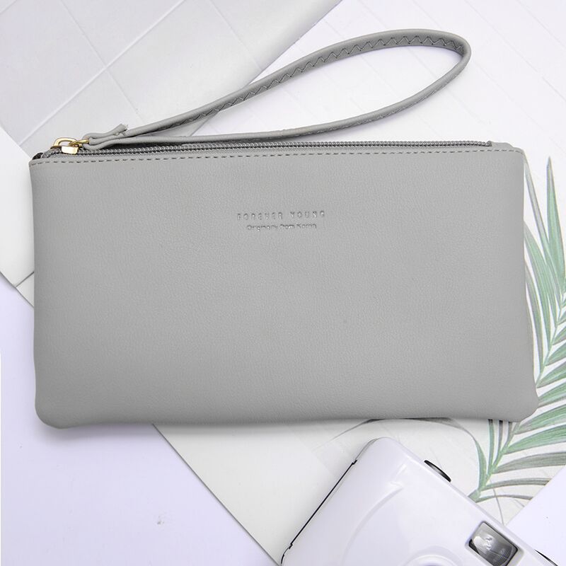 Women Wallet Long Zipper Clutch Hand Bag Mobile Phone Bag Card Holder Coin Purse Thin Wallet: Gray