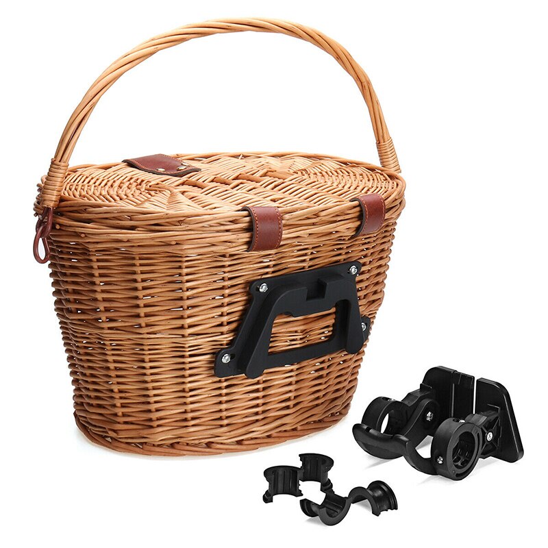 Bicycle Front Basket Wicker MTB Road Bike Basket With Leather Belt Handmade Natural Rattan Bike Storage Basket Cargo Contain