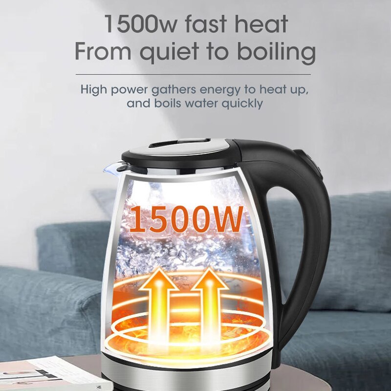 Electric Glass Kettle with Blue LED Lighting, 2L Borosilicate Glass Electric Water Kettle, 1500W Quick Boiling, BPA Free