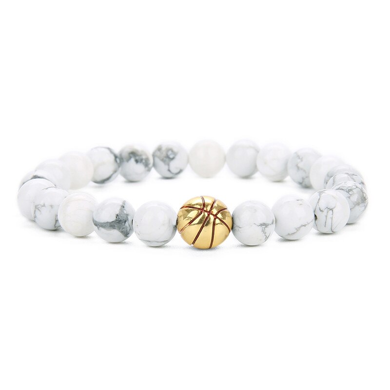 Pulsera con abalorios de baloncesto de piedra de Lava para mujer, brazalete deportivo de cuentas de baloncesto, brazalete con abalorio de béisbol, de Navidad: white gold