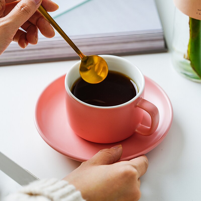 Taza de café Rosa mate, juego de copas lindas y platillos de cerámica, taza de té de porcelana, tazas simples Retro de agua, Fincan nórdico, AC50BD