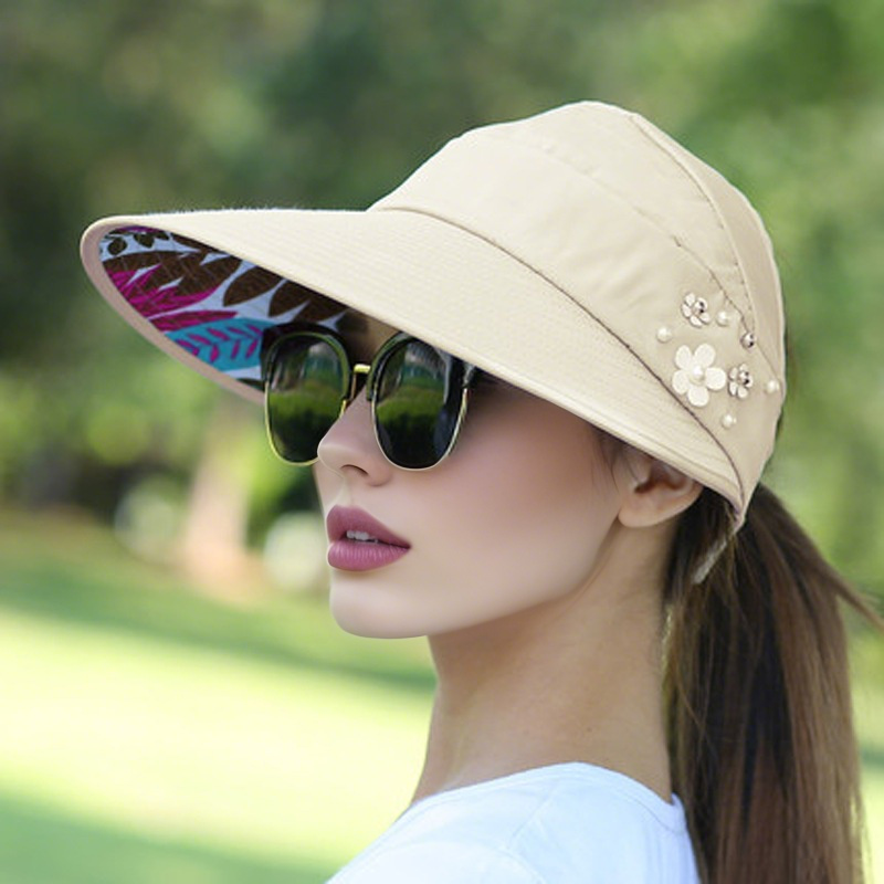 M-2Sun chapeau été ombre hHt pour femmes pliable Protection solaire plage grand chapeau à bords Protection UV cyclisme haut vide: Beige