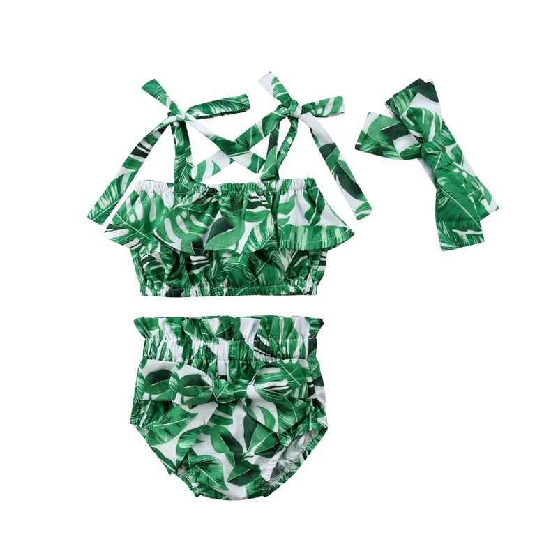 3 stuks peuter- en babymeisjesbadpak, badpak met bloemenbandjes, crop tops, shorts, hoofdband, strandset