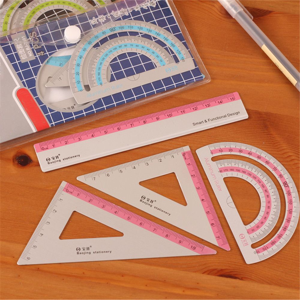 4pcs/set Multi-function Aluminum Alloy Ruler Aluminum Protractor School Office Stationery Supplies Ruler Exam ruler