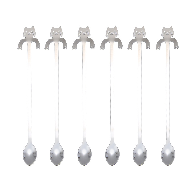 Mini Leuke Koffie Lepel 12 Cm 17 Cm 304 Roestvrij Staal Cartoon Kat Lepel Theelepel Dessert Snack Scoop Melk Lepels servies: Silver 20cm 6 PCS