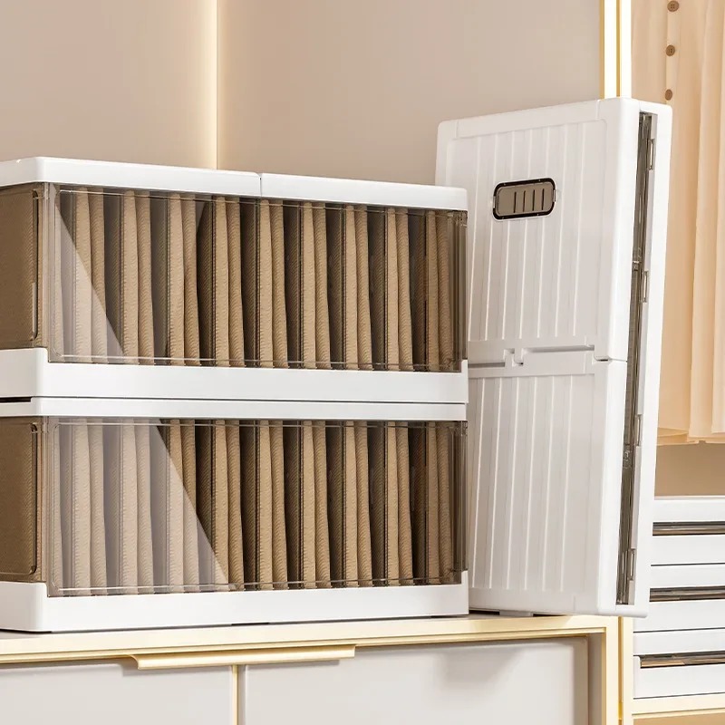 Plastic Wardrobe Clothes Organizer with Handle, Removable Dividers and Cover Stackable Foldable Closet Drawer Storage Box