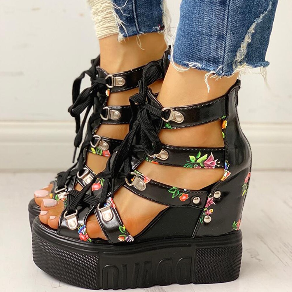 Zomerschoenen dames sandalen plateau veters hoge hakken casual schoenen dames ins print vrijetijdsschoenen wedges damesschoenen: Zwart / 35