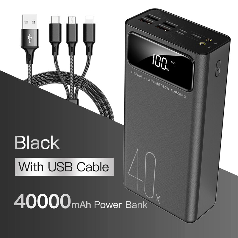Power Bank 40000mah 4 USB Portable Powerbank LED Digital Display External Battery Phone Charger For iPhone Huawei Xiaomi Samsung: Black with cable