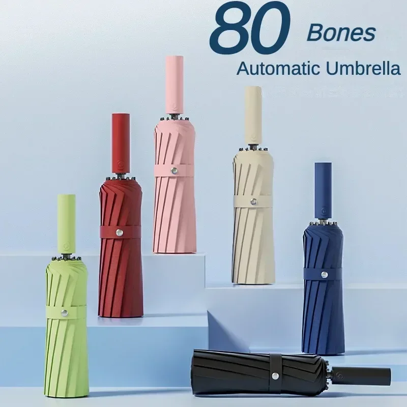 Paraguas refuerido de 80 huesos súper fuerte a prueba de viento con pliegue automático para hombres, paraguas UV grandes impermeables antitormenta para mujeres