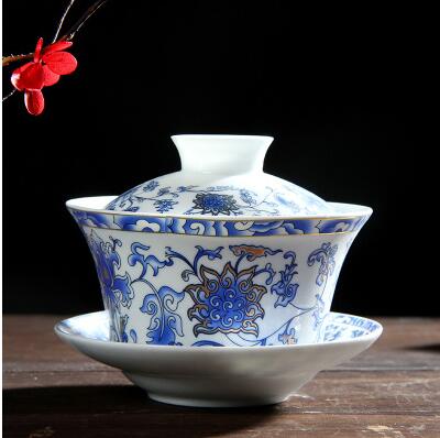 Large Blue and White Porcelain Gaiwan 250ml Ceramic Cover Bowl Jingdezhen Sancai Bowl Respect Tea Bowl Chinese Tea Set: 9