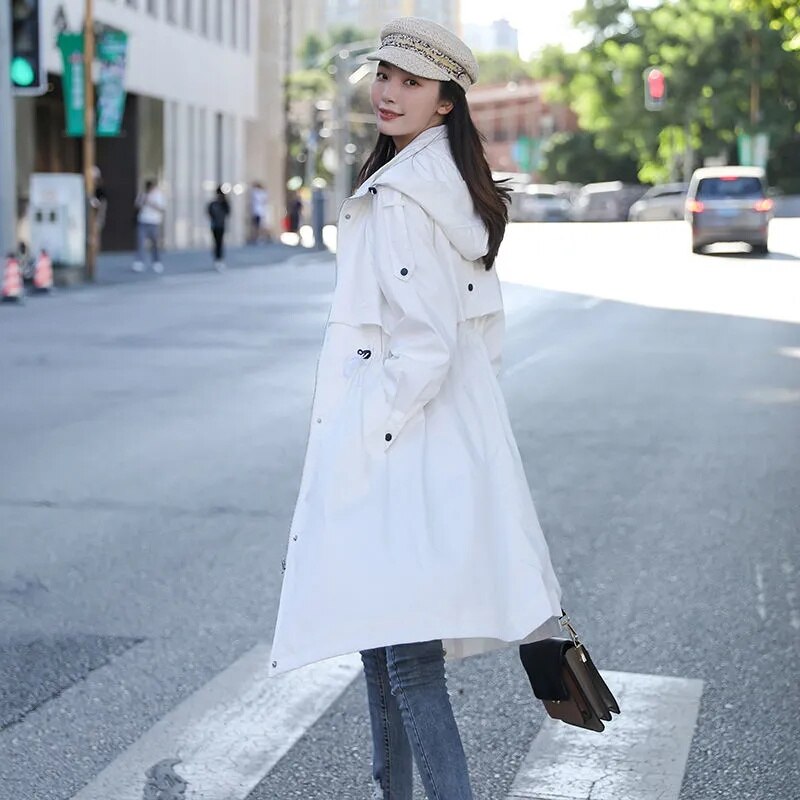 Veste coupe-vent mi-longue pour femme, manteau ample à capuche, vêtement d&#39;extérieur, pardessus décontracté, printemps automne