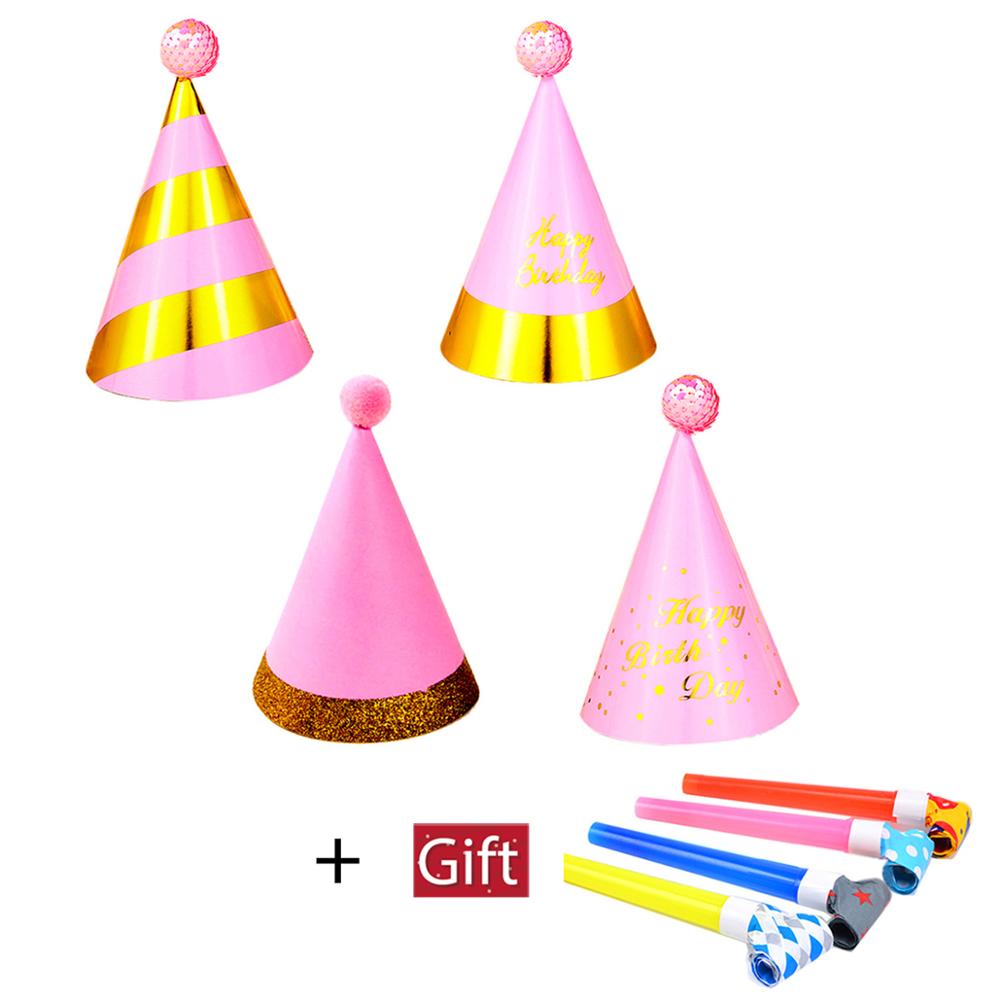 4 unids/set bebé chico gorro de papel de cumpleaños niño niña gorros de de cumpleaños festivo decoración sombrero dar dragón soplador silbato suministros: 4 pcs pink