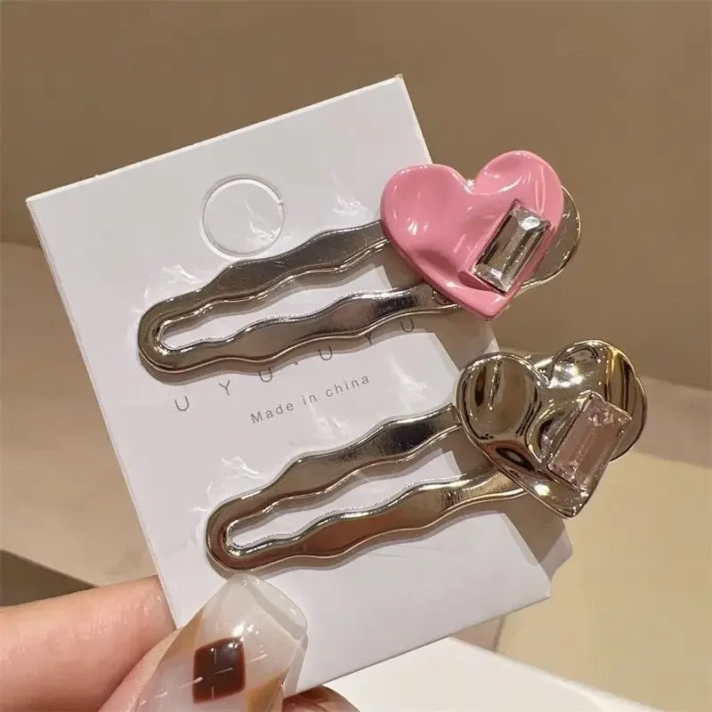Ins Metal Love Rhinestone Hair Clips Women's Hairpin Sweet Cool Bangs Side Duckbill Clip Hair Barrettes Korean Girls Headwear