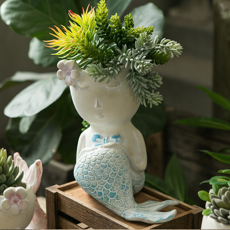 Pot de fleur de sirène mignon, Mini Vase de dessin animé, ornements en forme de poisson, Succulents amoureux des fleurs vertes, décoration de jardin pour la maison