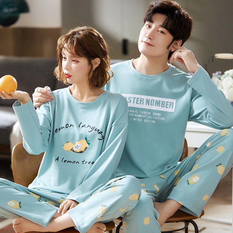 Größe M-3XL Frauen und Männer Schlafanzug Paar Pyjama einstellen Zitrone Nachtwäsche Baumwolle Herbst Langarm Homewear Salon Schlafanzug Femme: Männer-XXL