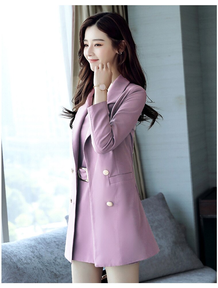 Spring Autumn Business Suit Office Dress Lady Work 2 Pieces Set Long Blazer and Sleeveless Suspender Dress Suit Slim: Pink / XXL