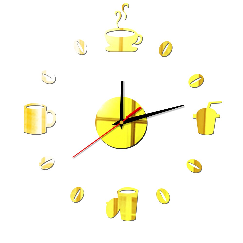 Reloj de pared silencioso para cocina, pegatinas de pared con efecto espejo acrílico, decoración moderna de cuarzo, granos de café, bricolaje: Oro