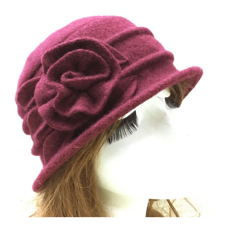 Vrouwen Koepel Fedora Hoed 100% Wol Dames Hoeden Emmer Cap Herfst Winter Solid Bloemen Warme Floppy Hoed Chapeau Femme: wine red