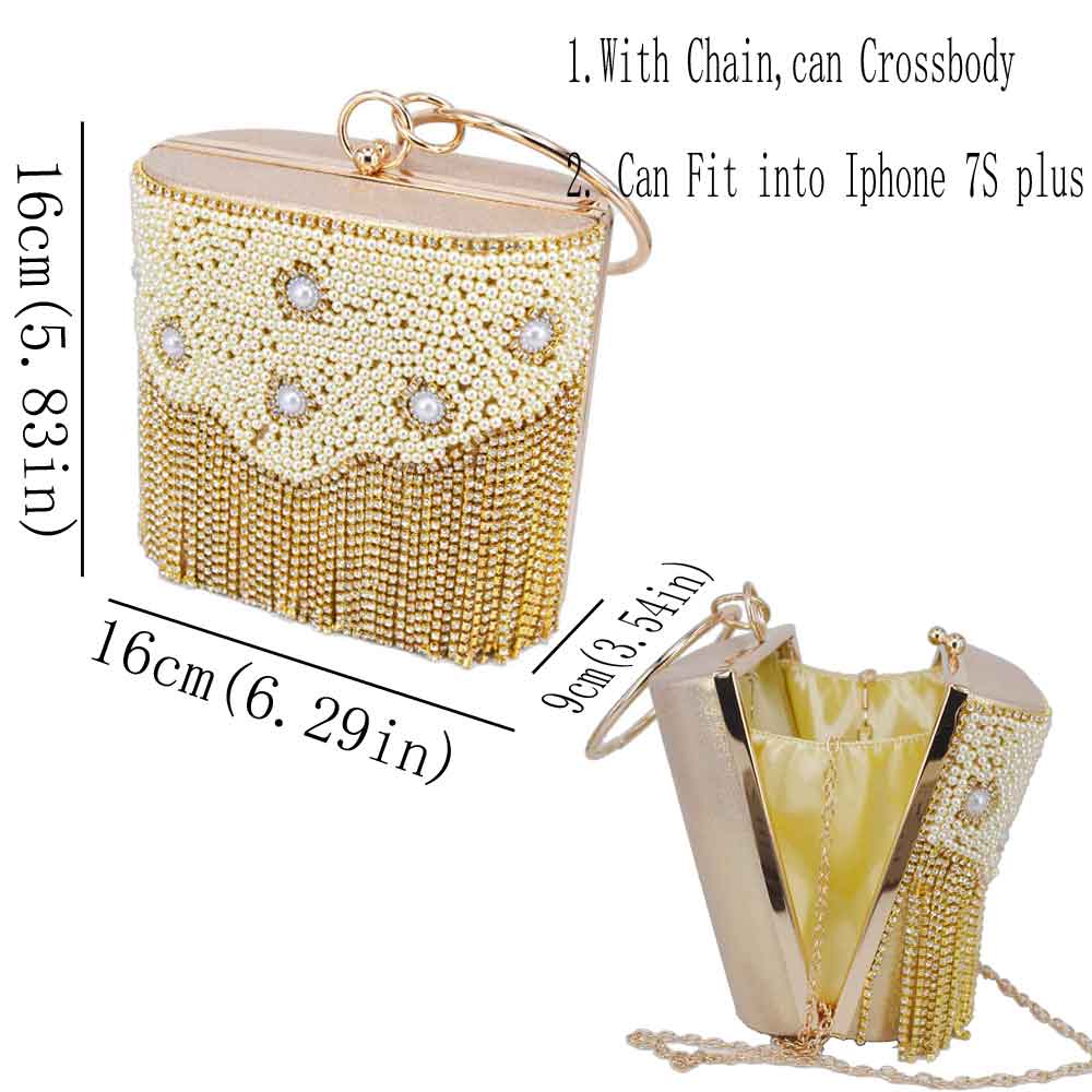 Sacs à main en cristal doré pour femmes, pochettes à glands, sacs de soirée à perles, sacs à poignet en fer, fourre-tout à bandoulière: A Box Crossbody Bags