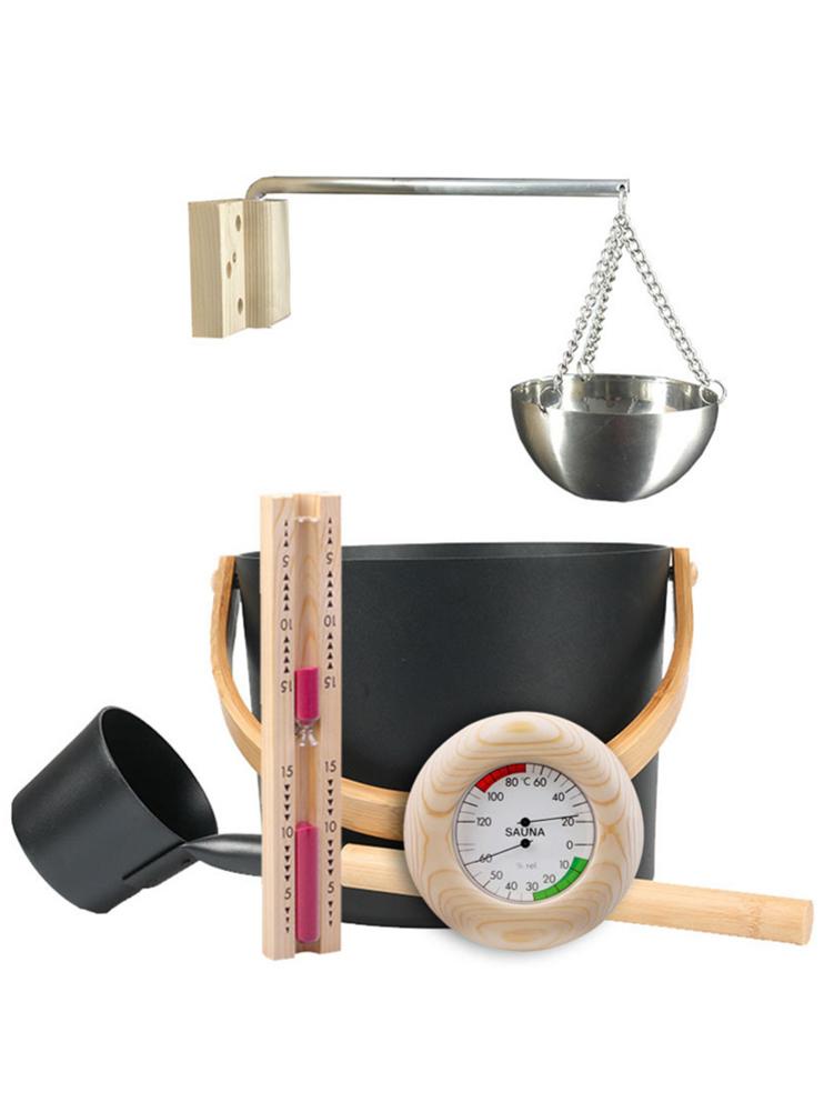 7l sauna spand sæt sauna tilbehør sæt sauna tilbehør sved værktøj, timeglas termometer / hygrometer aromaterapi olie kop