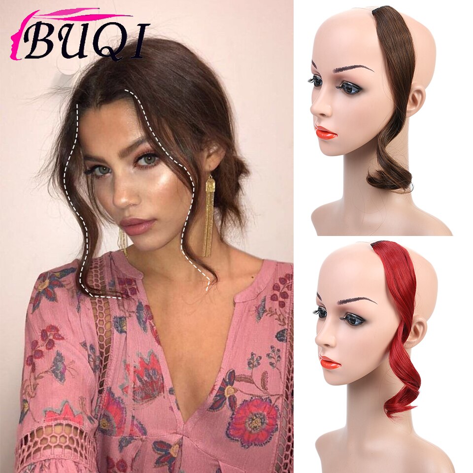 Buqi syntetisk naturlig bølget en klips i pannelugg foran hårside frynser hår for kvinner svart brun lang pannelugg hårforlengelse