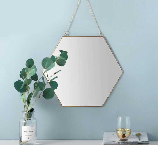 Nordic Minimalist Geometric Makeup Mirror Gold Brass Hexagonal Mirror Round Vanity Mirror Q423
