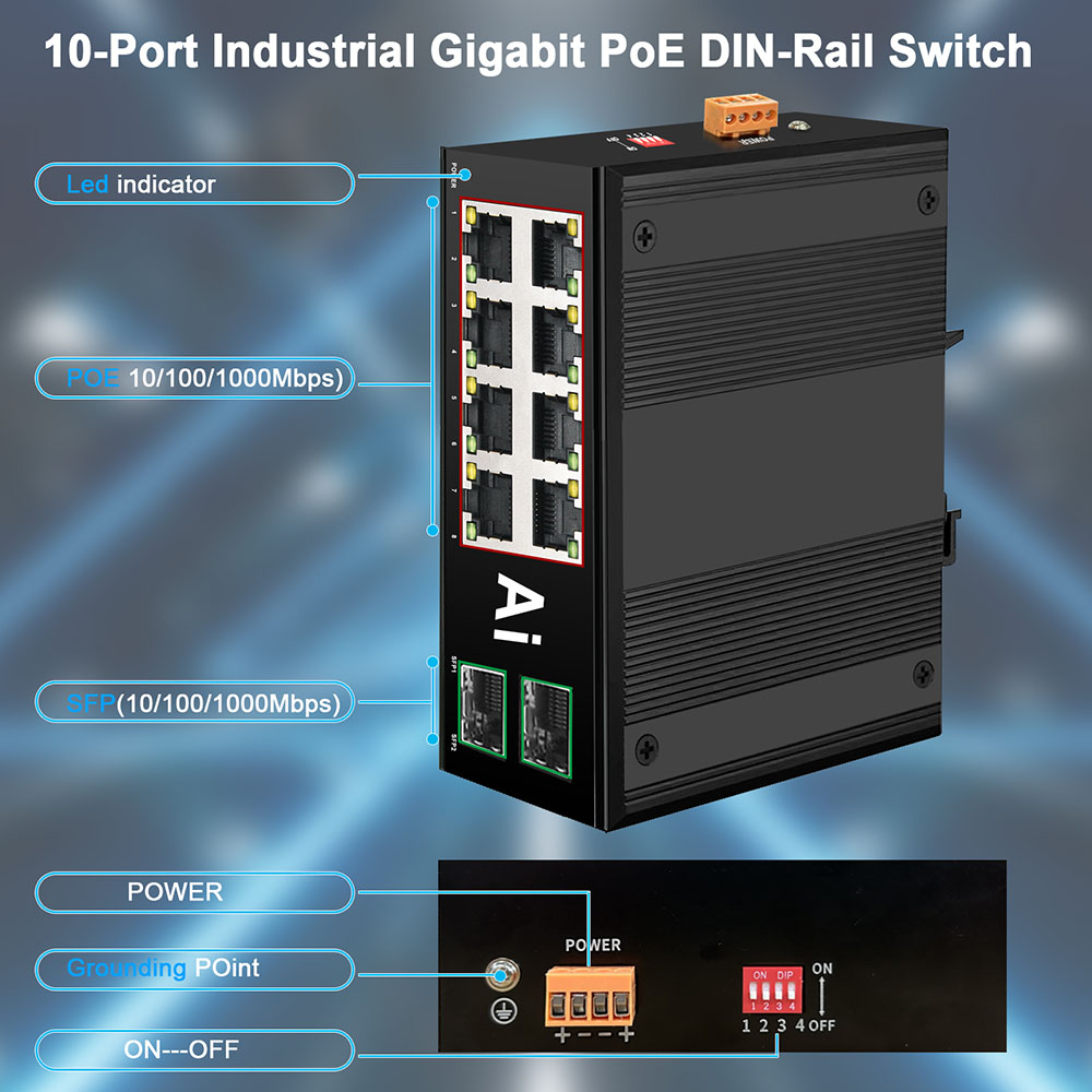 Switch ethernet industriale gigabit poe switch industriale rete 6/10 porte 10/100/1000 base-t din  ip40 switch di rete per esterni