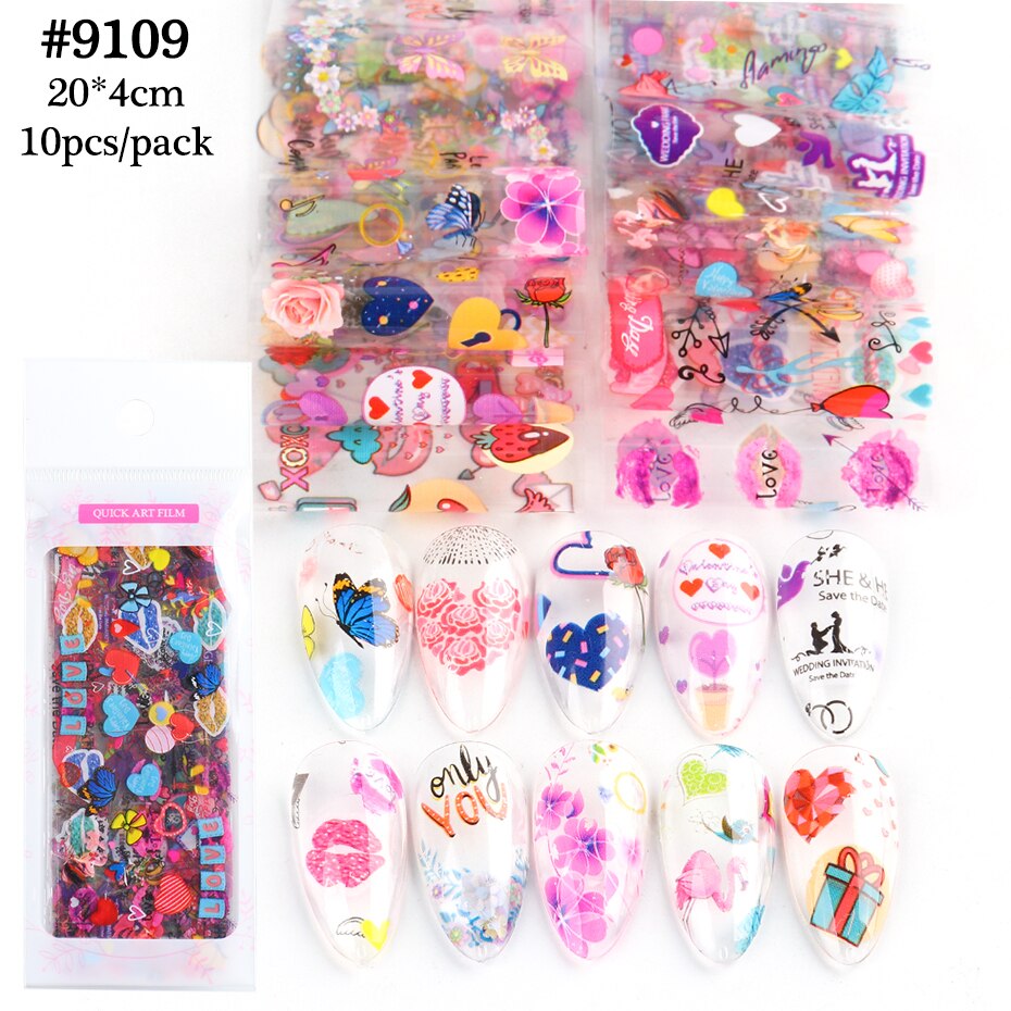 10Pc Hoek Hart Transfer Nagel Folie Valentine Rose Brief Cartoon Liefde Sticker Nagels Art Decoratie Manicure Starry Papier BE2111: 9109-10pcs pack