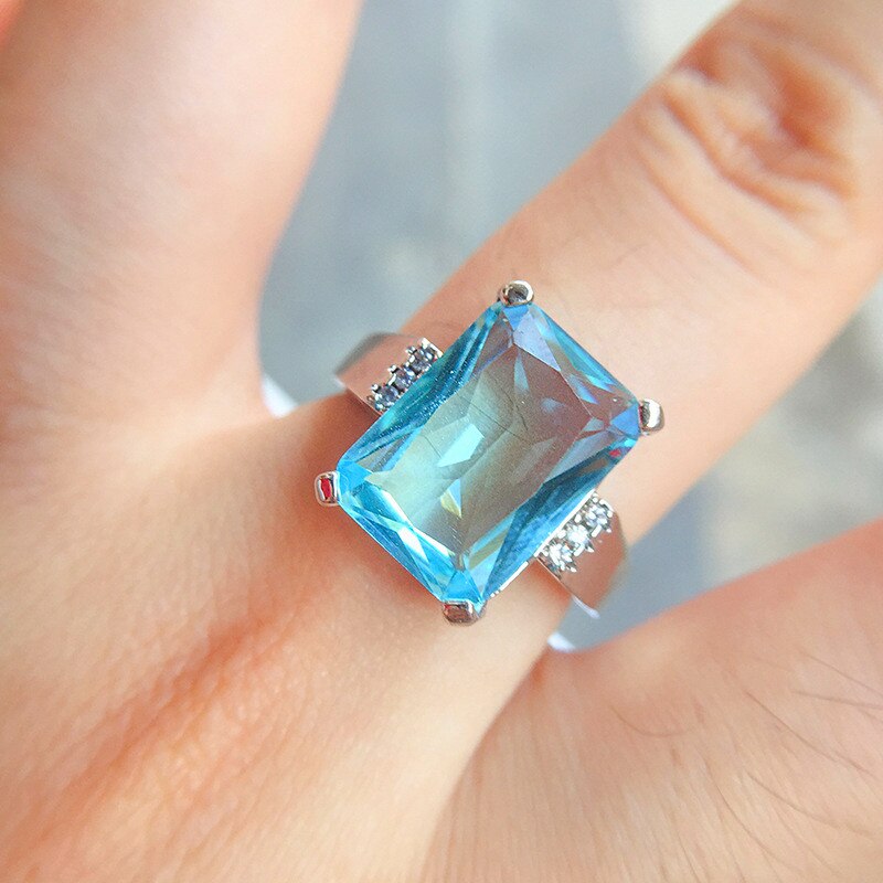 Anillo de compromiso Vintage para mujer, sortija femenina grande, azul claro, Plata de Color CZ, piedra, , boda
