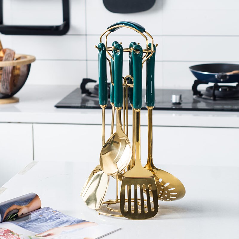 7PC Cookware Kitchenware Set Non-stick Luxury Stainless Steel Ceramic Handle Cooking Utensils Kitchen Tools Accessories: 7pcs Green Gold