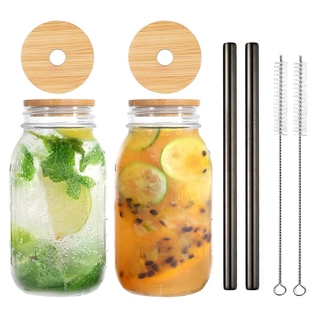 Lot de 2 pots de maçon en verre avec paille, verre réutilisable avec couvercle en bambou, pot de maçon à large bouche pour Boba Bubble Tea: 800ml Black Straws