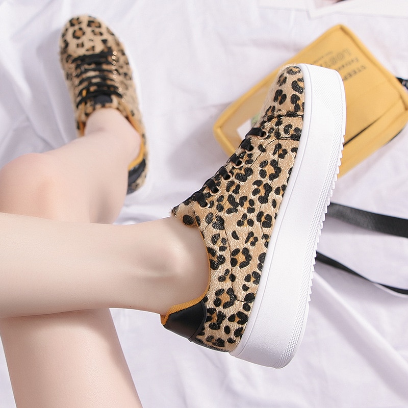 Women Shoes Leopard Trainers Platform Sneakers Mid Heel Round Toe Thick Sole Shoes Lace Up Spring Summer Ladies Sneakers