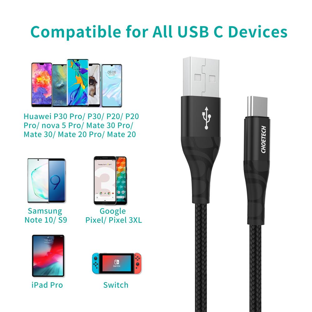 Choetech 3a cabo usb tipo c para celular, fio de carregamento rápido para samsung galaxy s8 s9 plus xiaomi mi9 huawei cabo do carregador usb c,