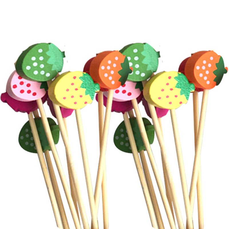 100 stk 12cm jordbærformede fruktspyd bambusspyd cocktail dessert gaffel tre frukt forrett tannpirker perle frukt