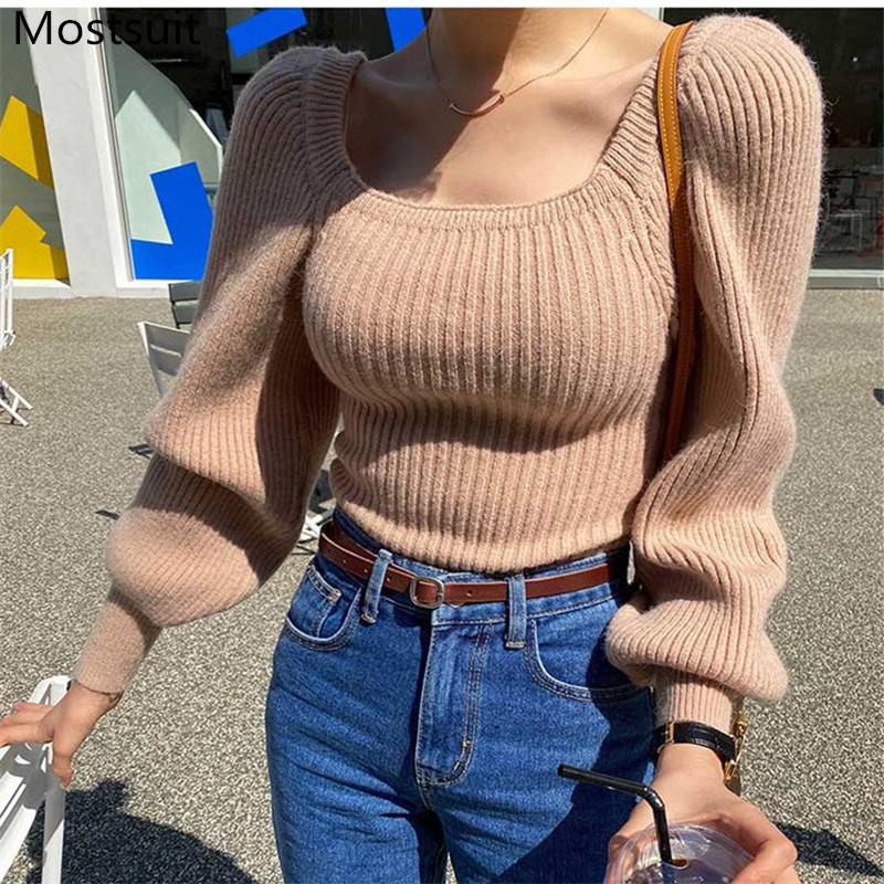 Koreansk puffärm stickad tröja pullover dam fyrkantig krage slimmade solida toppar höst vinter kvinnliga damtröjor: Brun