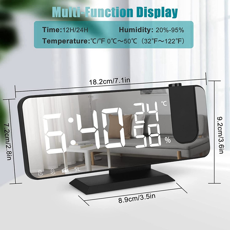 Projection Alarm Clock with Temperature Hygrometer,7.3Inch LED Radio Digital Clock with Rotation Ceiling Projector
