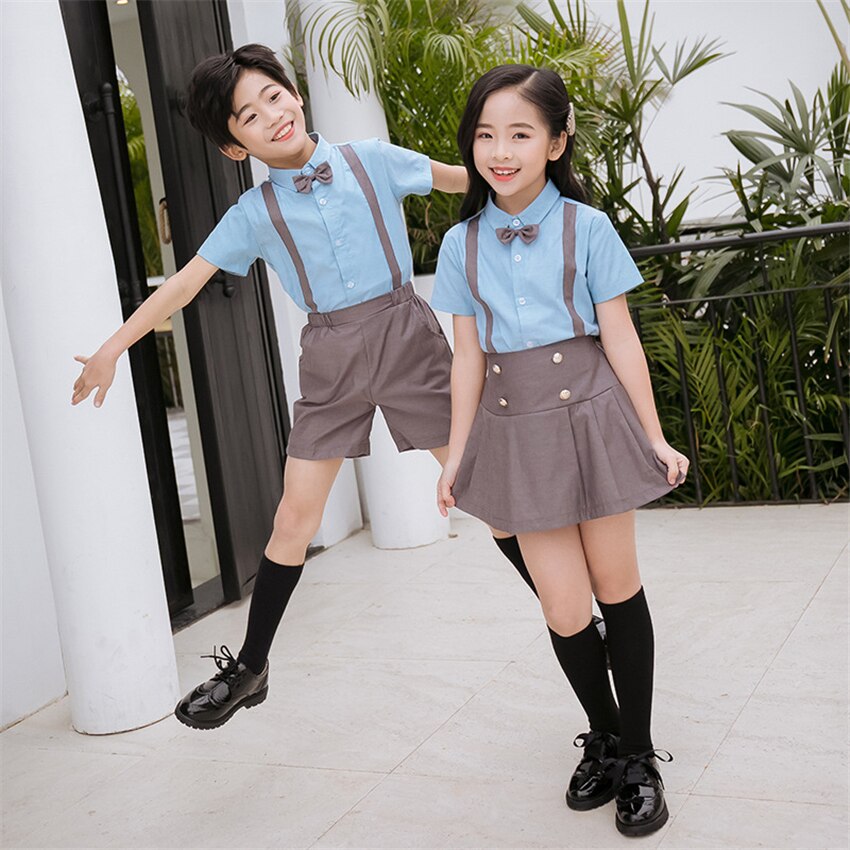 Boys Girls School Uniforms Kids Class Clothing Set Summer British Style Strap Bow Chorus Costumes Children 100-180cm Team Wear