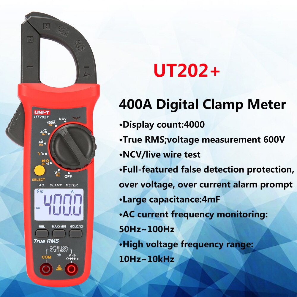 UNI-T Digital Clamp Meter UT201+/UT202+/UT203+/UT202A+/UT204+ True RMS 400-600A Automatic Range High Precision Multimeter Tester: UT202(PLUS)