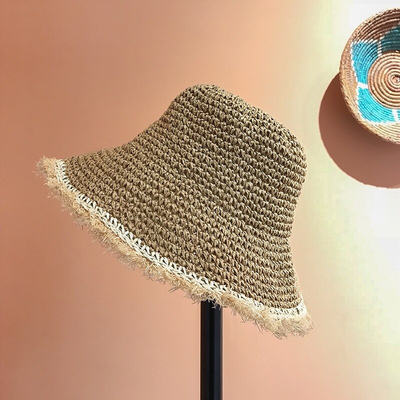 Dam stråhattar kinesisk stråhatt panamas uv-skydd solskydd strandhattar dam visir hopfällbara kvinnlig sommarsolhatt: Kaki