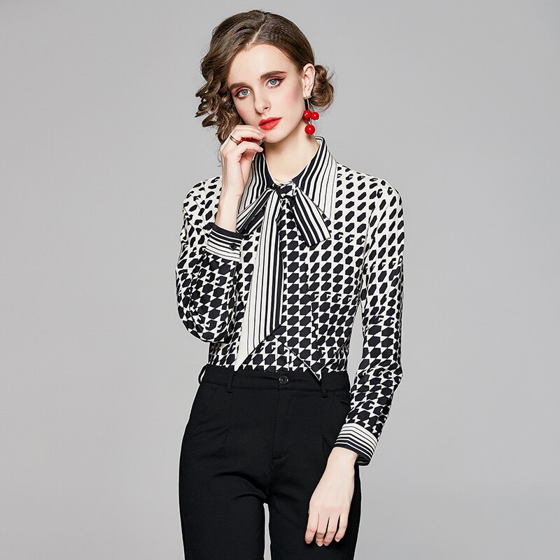 Blusa de gasa con estampado geométrico para mujer, camisa de manga larga para oficina, ropa coreana, , Primavera,