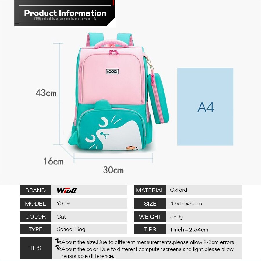 Mooie Kat Oren Student Kinderen Schooltassen Meisjes Jongens Kids Primaire Mochila Escolar Cartable Enfant Grade 1-3-5