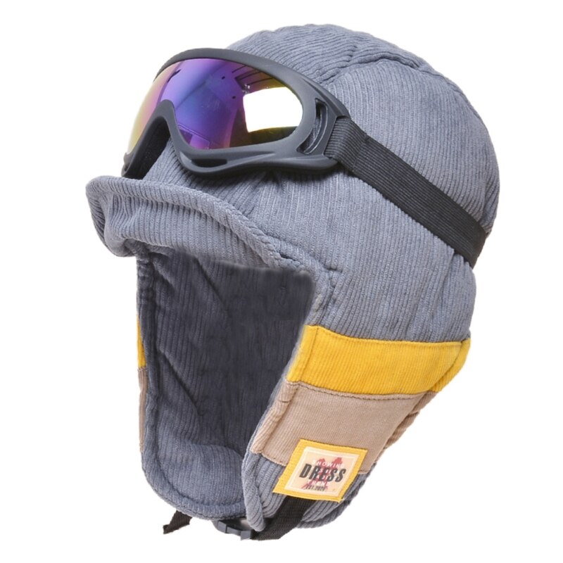 Gorra de cazador de soldado de terciopelo para mujer, gorro Reversible con gafas desmontables, a prueba de viento, a rayas de bloque de color, con orejeras: 2