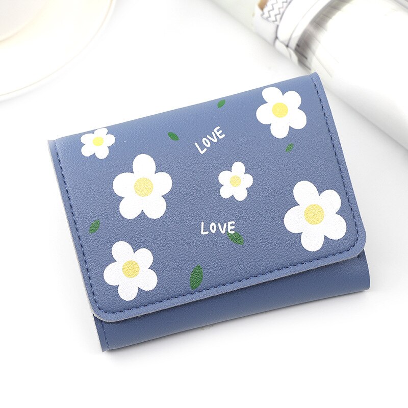 Japanese Mini Wallet Female Small Ultra-thin Cute Floral Tri-fold Leather Coin Purse Simple Short Student Mini Card Holder: Blue