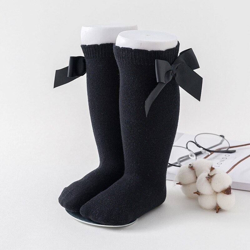 gros nœuds doux coton bébé fille chaussettes couleur unie blanc rose nœud papillon prix filles Kneed chaussettes hautes enfant en bas âge fille longues chaussettes: black