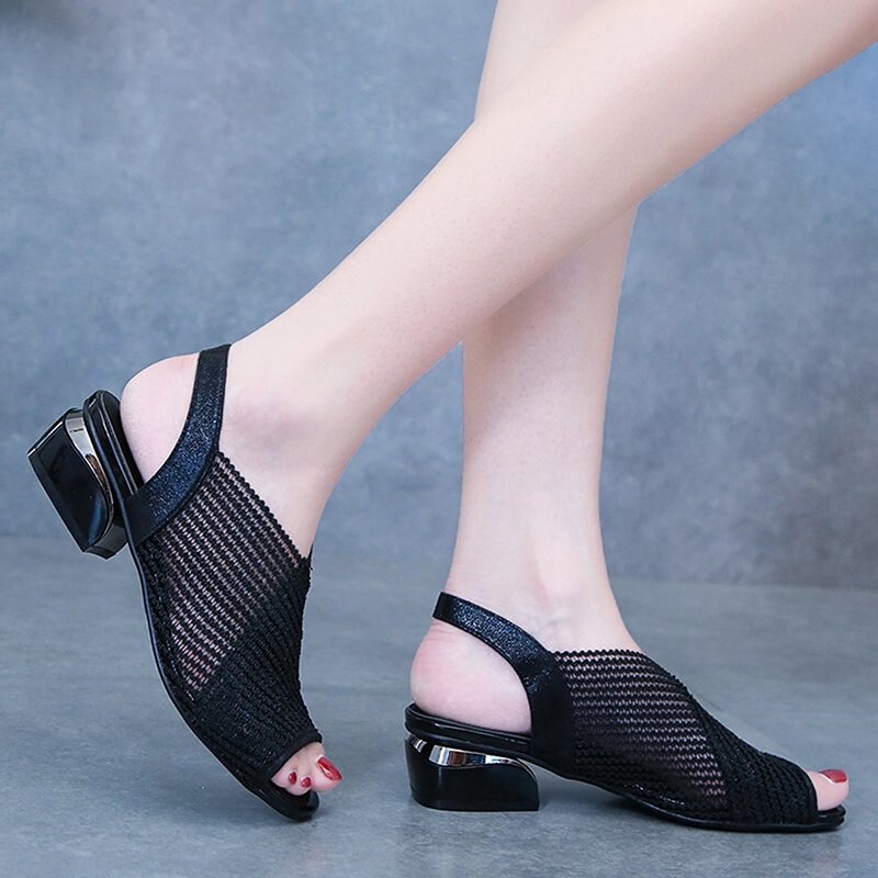 Women Sandals Spring Square Heel Slingback Sandals Slippers Mules Shoes Woman Mesh Open Toe Female Slip On Shoes