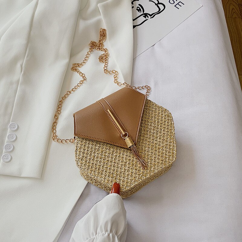 esagono Mulit Stile di Paglia + Borsa di cuoio Delle Donne di proprietà del Sacchetto Del Rattan Fatti A Mano Da Spiaggia Tessuto Cerchio Sacchetto di Spalla della Boemia di Nuovo Modo: marrone