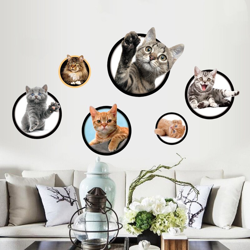 Chats 3D mur autocollant trou vue vive salon maison décoration animaux autocollants enfants chambre Stickers muraux affiche toilette