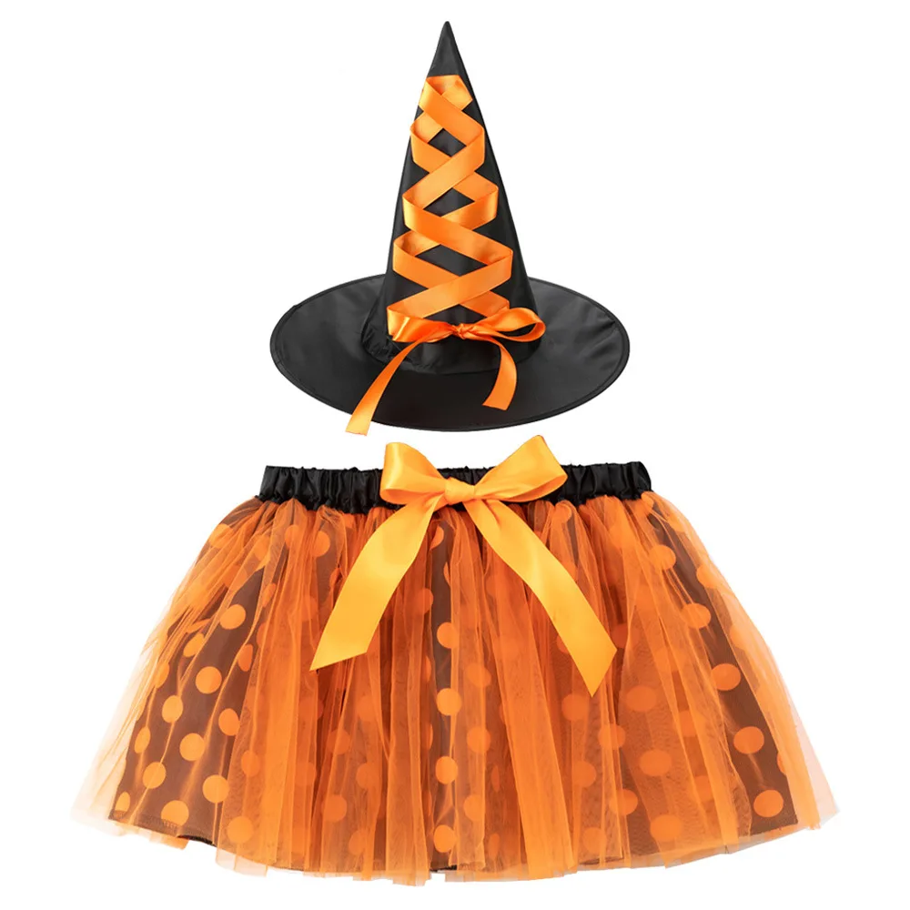 Children Girls Halloween Polka Dot Spiderweb Witch Skirt Hat Spider Web Tutu Outfit Party Dress Up Cosplay Costumes Carnival: S / black