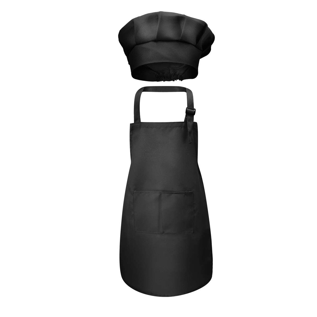 Children Chef Apron Front Pocket Bib Boys Girls Apron Kitchen Craft Kids Apron Painting Cooking Baby Pinafore+Hat Sets: L / black