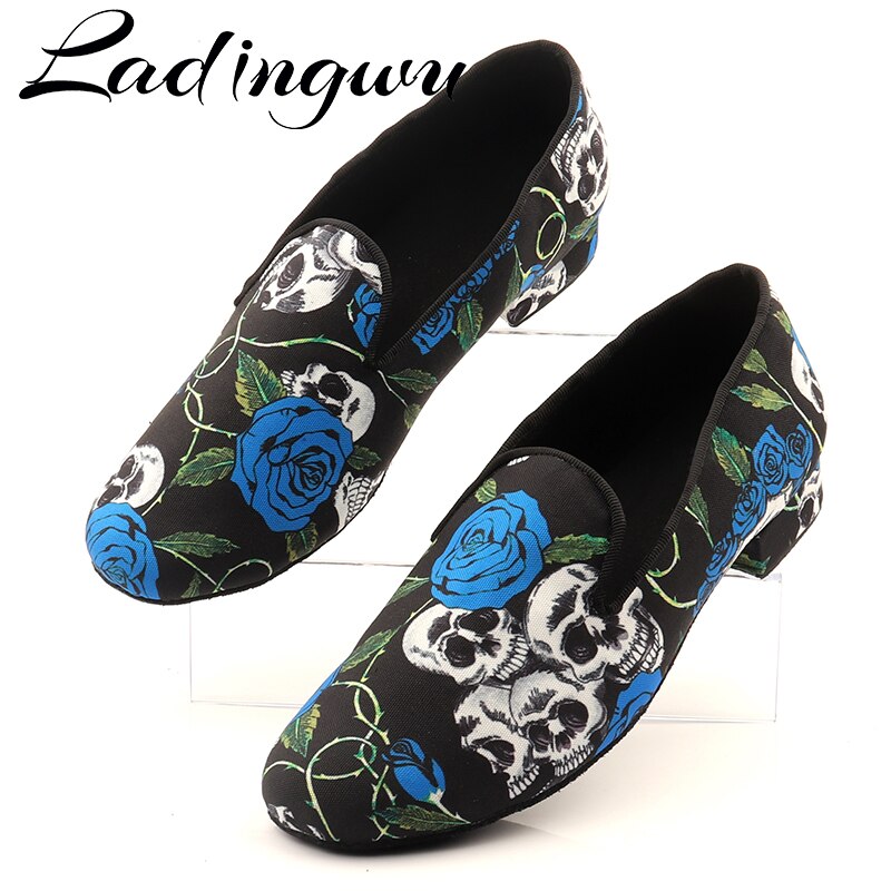 Ladingwu-zapatos de baile latino para hombre, zapatillas profesionales, zapatos de baile de salón, Halloween, Calavera, vaquero, garabatos, Tango, Salsa
